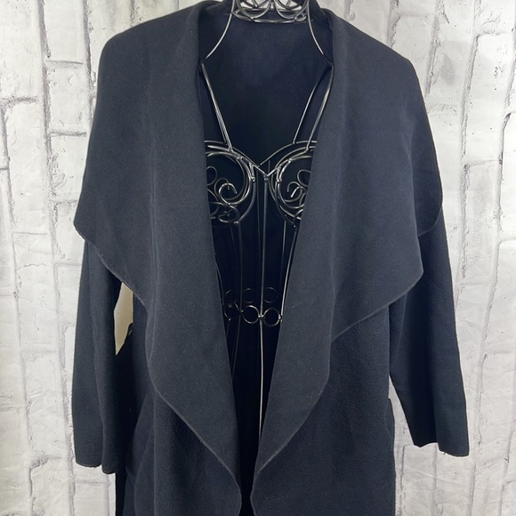Made in France Black Felt Trench Coat Wide Collar Open Front Belted with Pockets - Picture 8 of 12